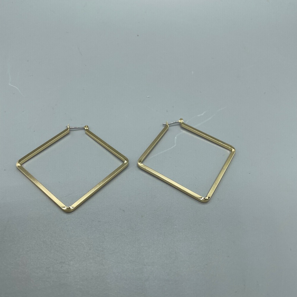Gold Tone Geometric Square Diamond Hoop Earrings Large Flat Edge Statement - Picture 3 of 5
